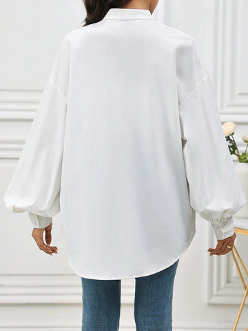 Mulvari Women's Plain Color Front Button Long Sleeve Pleated Casual Shirt