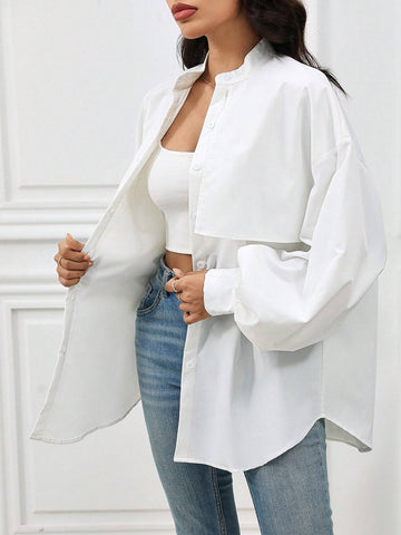 Mulvari Women's Plain Color Front Button Long Sleeve Pleated Casual Shirt