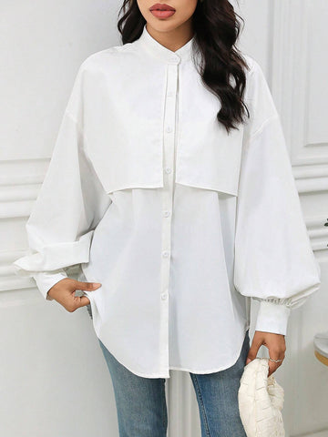 Mulvari Women's Plain Color Front Button Long Sleeve Pleated Casual Shirt