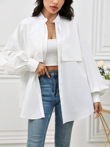 Mulvari Women's Plain Color Front Button Long Sleeve Pleated Casual Shirt