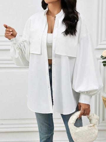 Mulvari Women's Plain Color Front Button Long Sleeve Pleated Casual Shirt