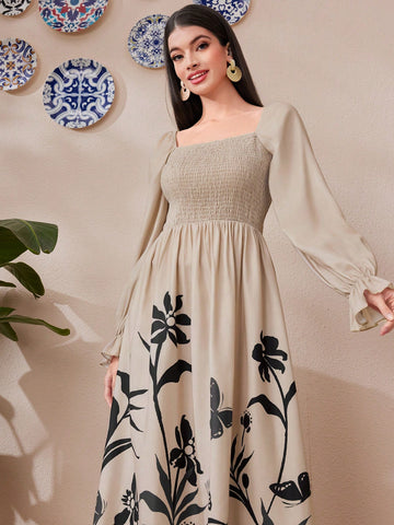 Women's Plant Printed Shirred Top Half Sleeve Dress