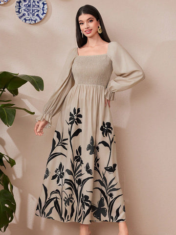 Women's Plant Printed Shirred Top Half Sleeve Dress