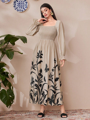 Women's Plant Printed Shirred Top Half Sleeve Dress