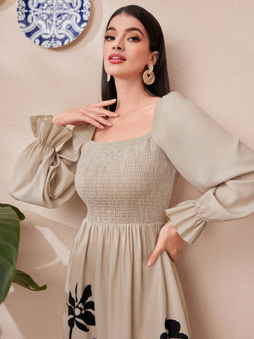 Women's Plant Printed Shirred Top Half Sleeve Dress