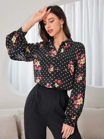 Mulvari Women's Polka Dot And Floral Printed Long Sleeve Shirt With Front Row Buttons, Summer