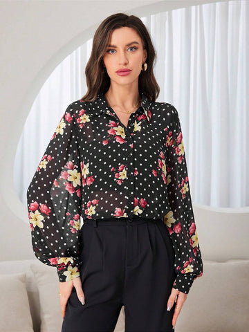Mulvari Women's Polka Dot And Floral Printed Long Sleeve Shirt With Front Row Buttons, Summer