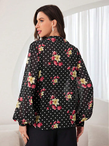 Mulvari Women's Polka Dot And Floral Printed Long Sleeve Shirt With Front Row Buttons, Summer