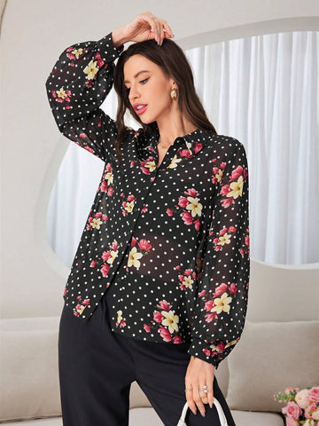 Mulvari Women's Polka Dot And Floral Printed Long Sleeve Shirt With Front Row Buttons, Summer