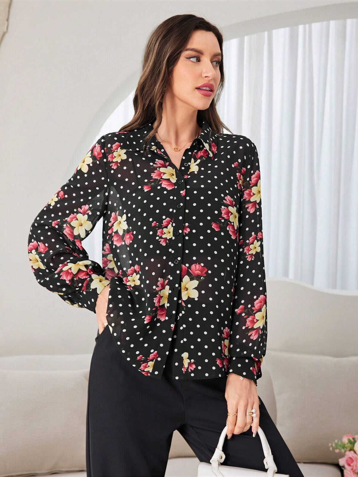 Mulvari Women's Polka Dot And Floral Printed Long Sleeve Shirt With Front Row Buttons, Summer