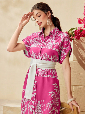 Women's Printed Batwing Sleeve Shirt Collar Single-Breasted With Waist Belt, Ideal For Vacatio