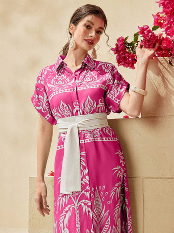 Women's Printed Batwing Sleeve Shirt Collar Single-Breasted With Waist Belt, Ideal For Vacatio