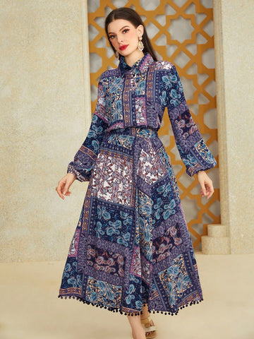 Women's Printed Elastic Waist Lantern Sleeve Casual Two-Piece Set
