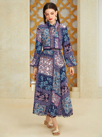 Women's Printed Elastic Waist Lantern Sleeve Casual Two-Piece Set