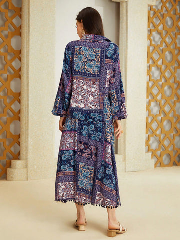 Women's Printed Elastic Waist Lantern Sleeve Casual Two-Piece Set
