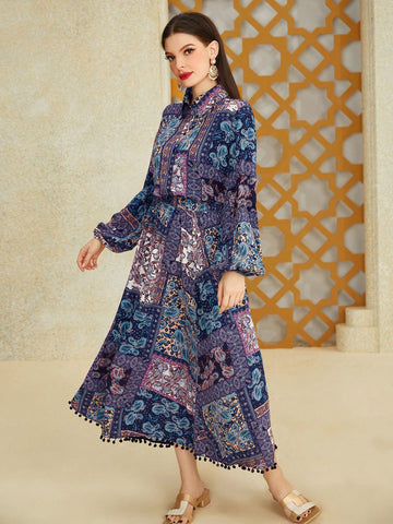 Women's Printed Elastic Waist Lantern Sleeve Casual Two-Piece Set