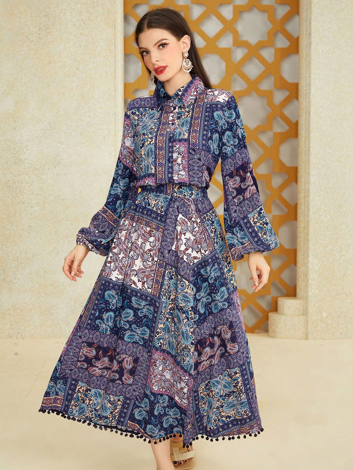 Women's Printed Elastic Waist Lantern Sleeve Casual Two-Piece Set