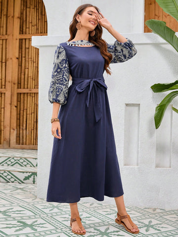 Mulvari Women's Printed Lantern Sleeve A-Line Dress
