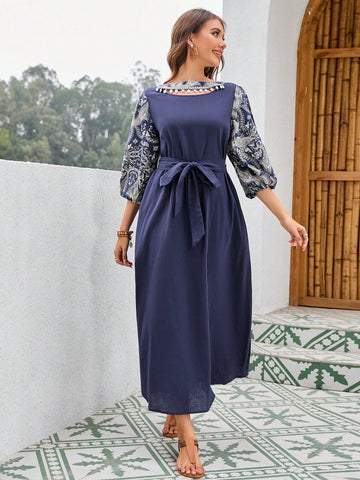 Mulvari Women's Printed Lantern Sleeve A-Line Dress