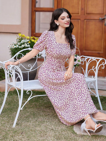 Women's Puff Sleeve Printed And Waist Cinched Dress