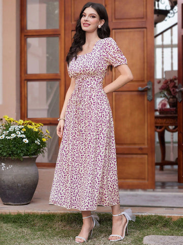 Women's Puff Sleeve Printed And Waist Cinched Dress