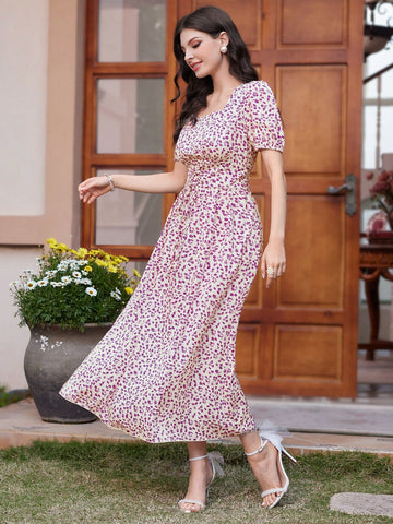 Women's Puff Sleeve Printed And Waist Cinched Dress