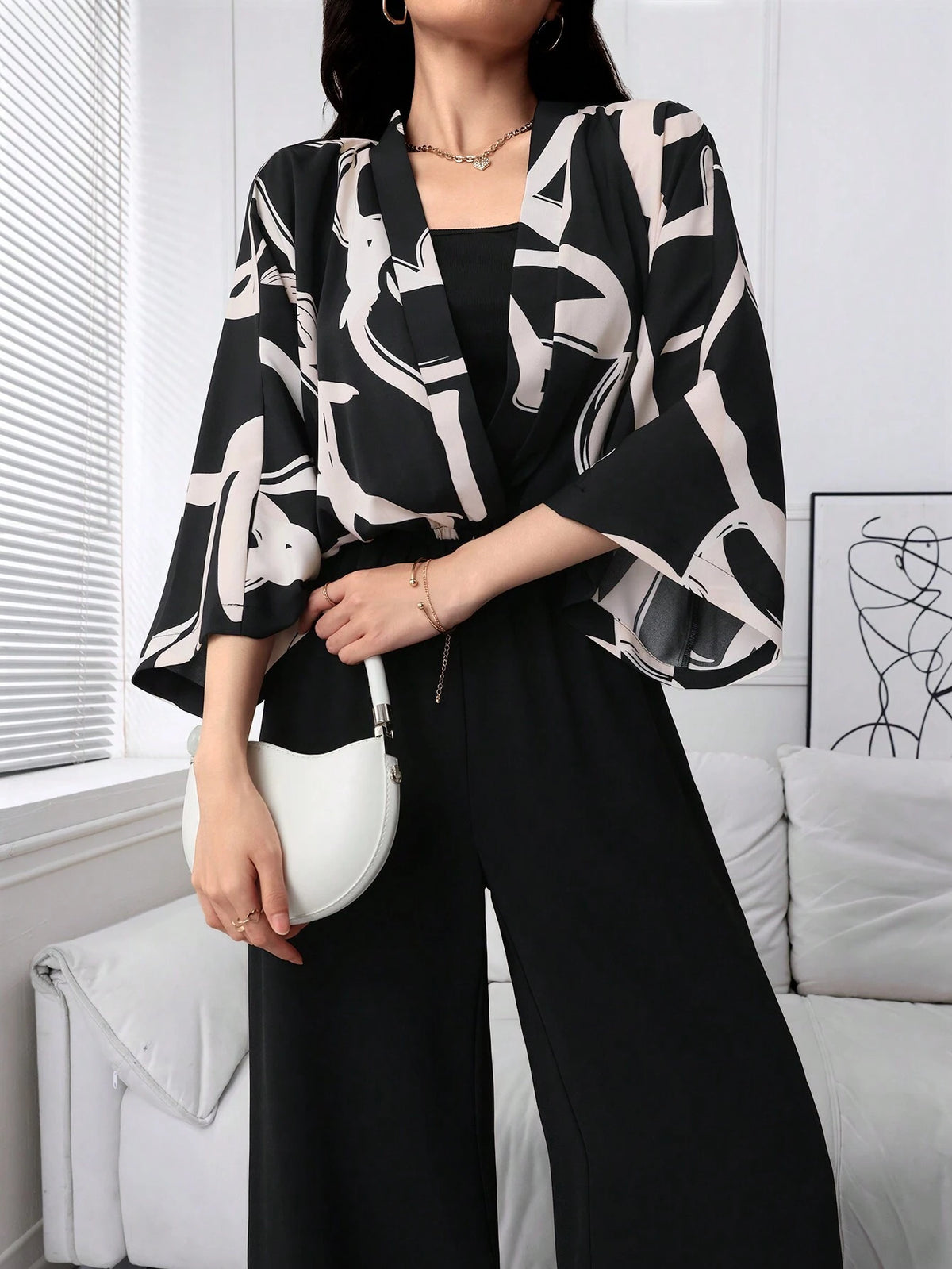 Women's Random Print Top, Solid Color Camisole, And Jumpsuit 3-Piece Set