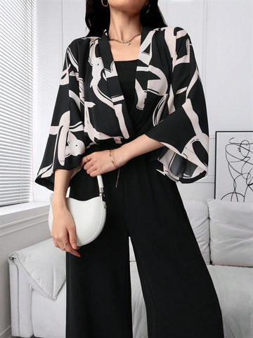 Women's Random Print Top, Solid Color Camisole, And Jumpsuit 3-Piece Set