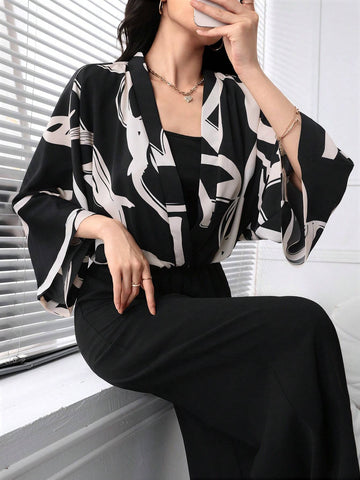 Women's Random Print Top, Solid Color Camisole, And Jumpsuit 3-Piece Set