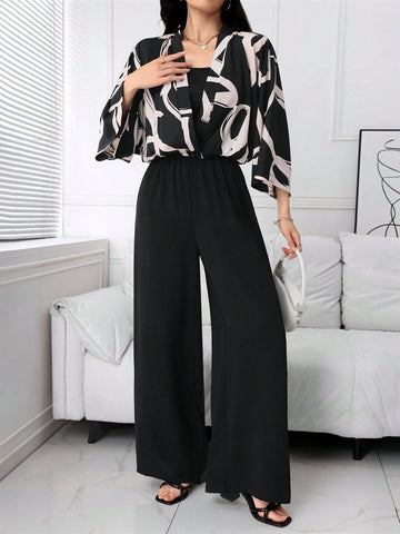 Women's Random Print Top, Solid Color Camisole, And Jumpsuit 3-Piece Set