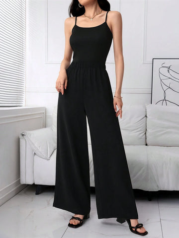 Women's Random Print Top, Solid Color Camisole, And Jumpsuit 3-Piece Set