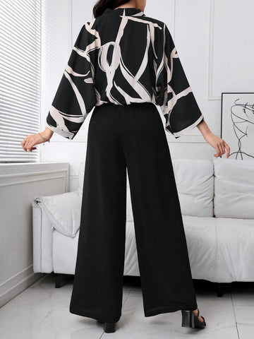 Women's Random Print Top, Solid Color Camisole, And Jumpsuit 3-Piece Set