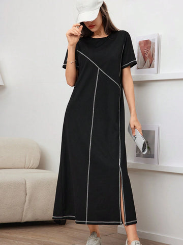 Women's Round Neck Contrast Color Split Summer Short Sleeve Dress
