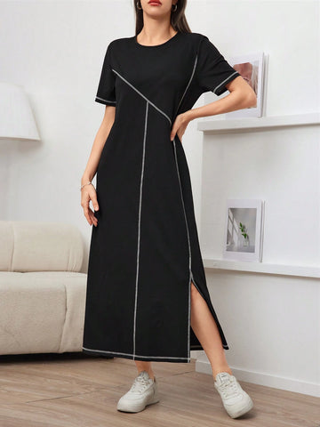 Women's Round Neck Contrast Color Split Summer Short Sleeve Dress