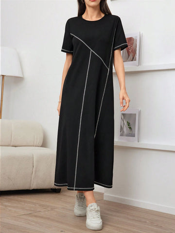 Women's Round Neck Contrast Color Split Summer Short Sleeve Dress