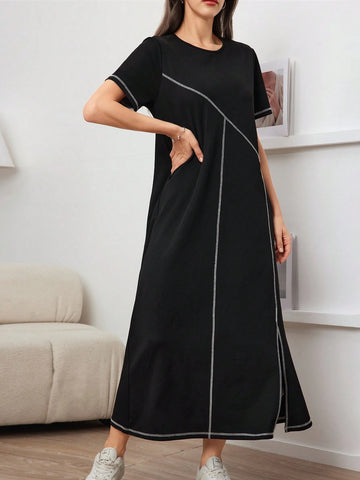 Women's Round Neck Contrast Color Split Summer Short Sleeve Dress