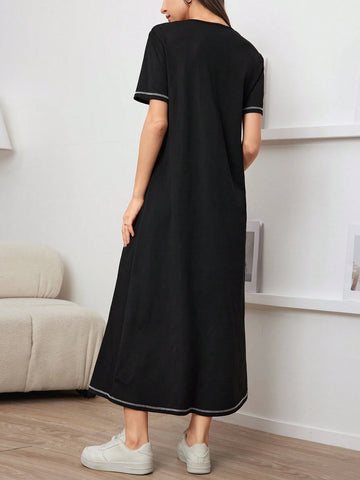 Women's Round Neck Contrast Color Split Summer Short Sleeve Dress