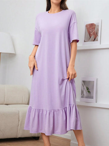 Women's Round Neck Printed Ruffle Hem Summer Short Sleeve Dress