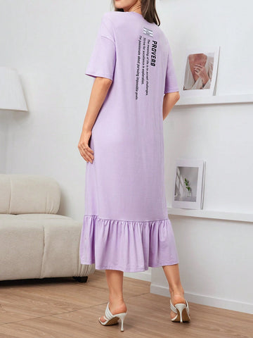 Women's Round Neck Printed Ruffle Hem Summer Short Sleeve Dress
