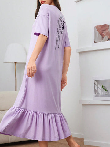 Women's Round Neck Printed Ruffle Hem Summer Short Sleeve Dress