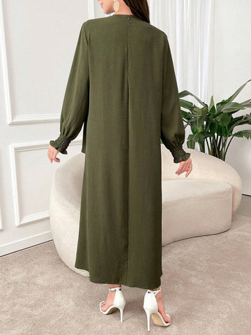Women's Round Neck Solid Color Pleated Loose Long Sleeve Dress