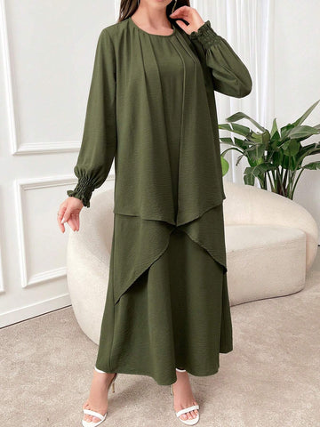 Women's Round Neck Solid Color Pleated Loose Long Sleeve Dress