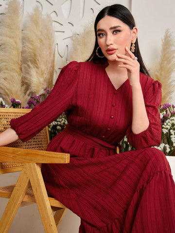 Women's Short Dress With Puff Sleeves And Button Decoration