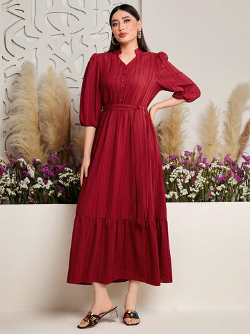Women's Short Dress With Puff Sleeves And Button Decoration