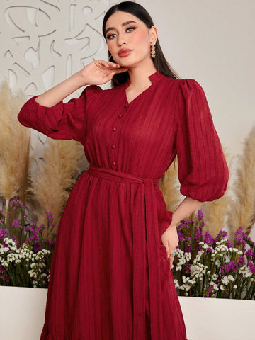 Women's Short Dress With Puff Sleeves And Button Decoration
