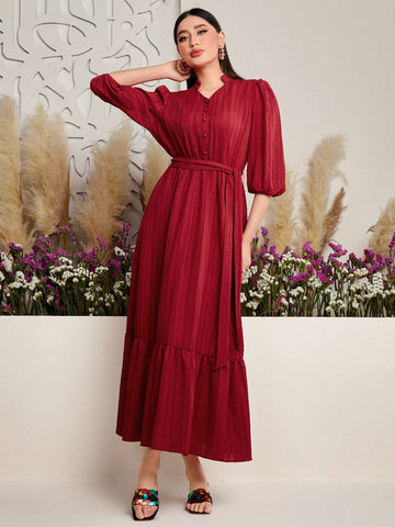 Women's Short Dress With Puff Sleeves And Button Decoration