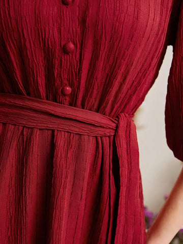 Women's Short Dress With Puff Sleeves And Button Decoration