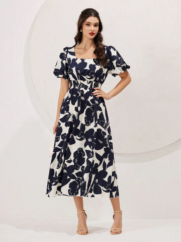 Women's Short Floral Print Puff Sleeve Dress