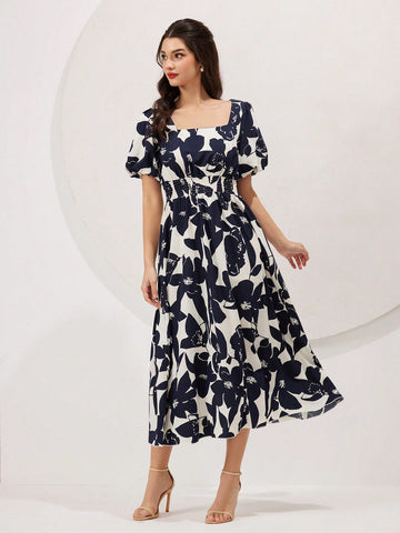 Women's Short Floral Print Puff Sleeve Dress