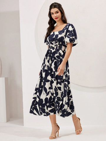 Women's Short Floral Print Puff Sleeve Dress